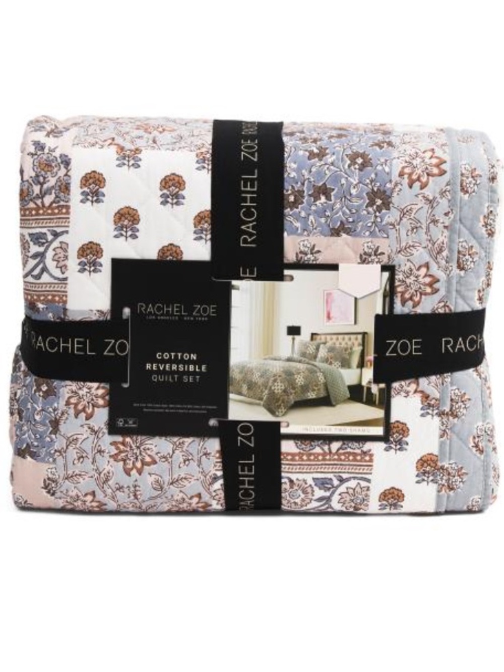 Rachel Zoe Patchwork Cotton Reversible Quilt Set - Blue, Pink, Cream Floral